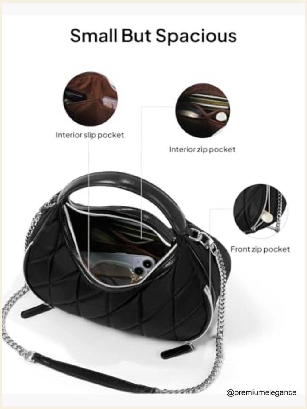 Quilted Nylon Crescent Crossbody Bag with Chain Strap, Lightweight Hobo Purse - Picture 5 of 7